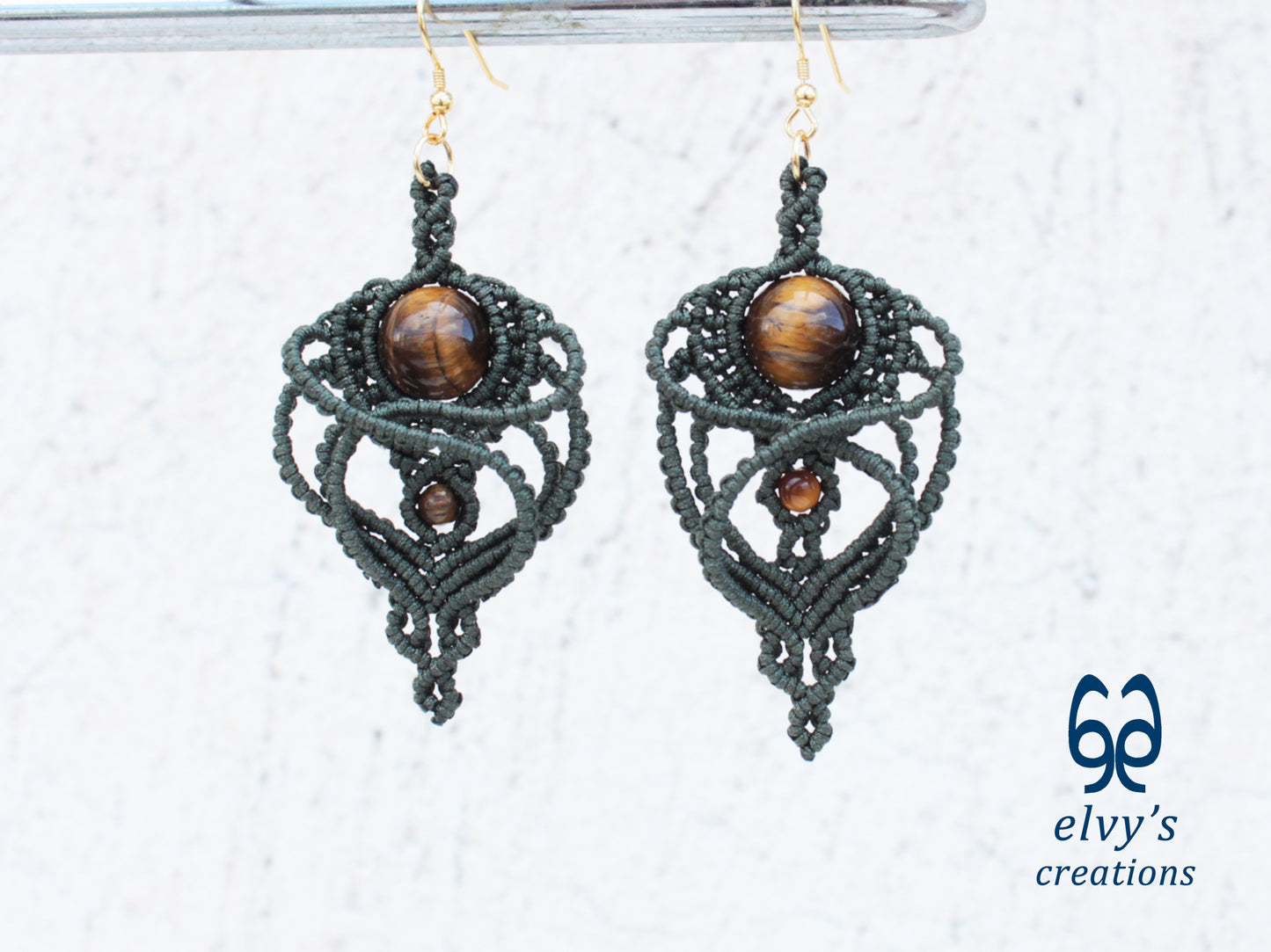 Handmade Macramé Green Earrings with Tiger Eye Gemstones Dangle Earrings