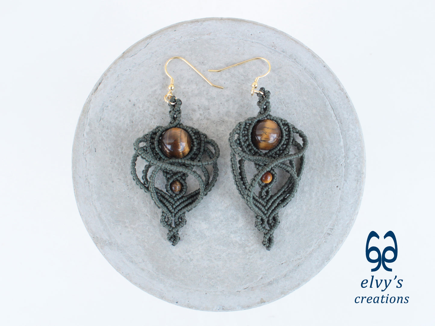 Handmade Macramé Green Earrings with Tiger Eye Gemstones Dangle Earrings