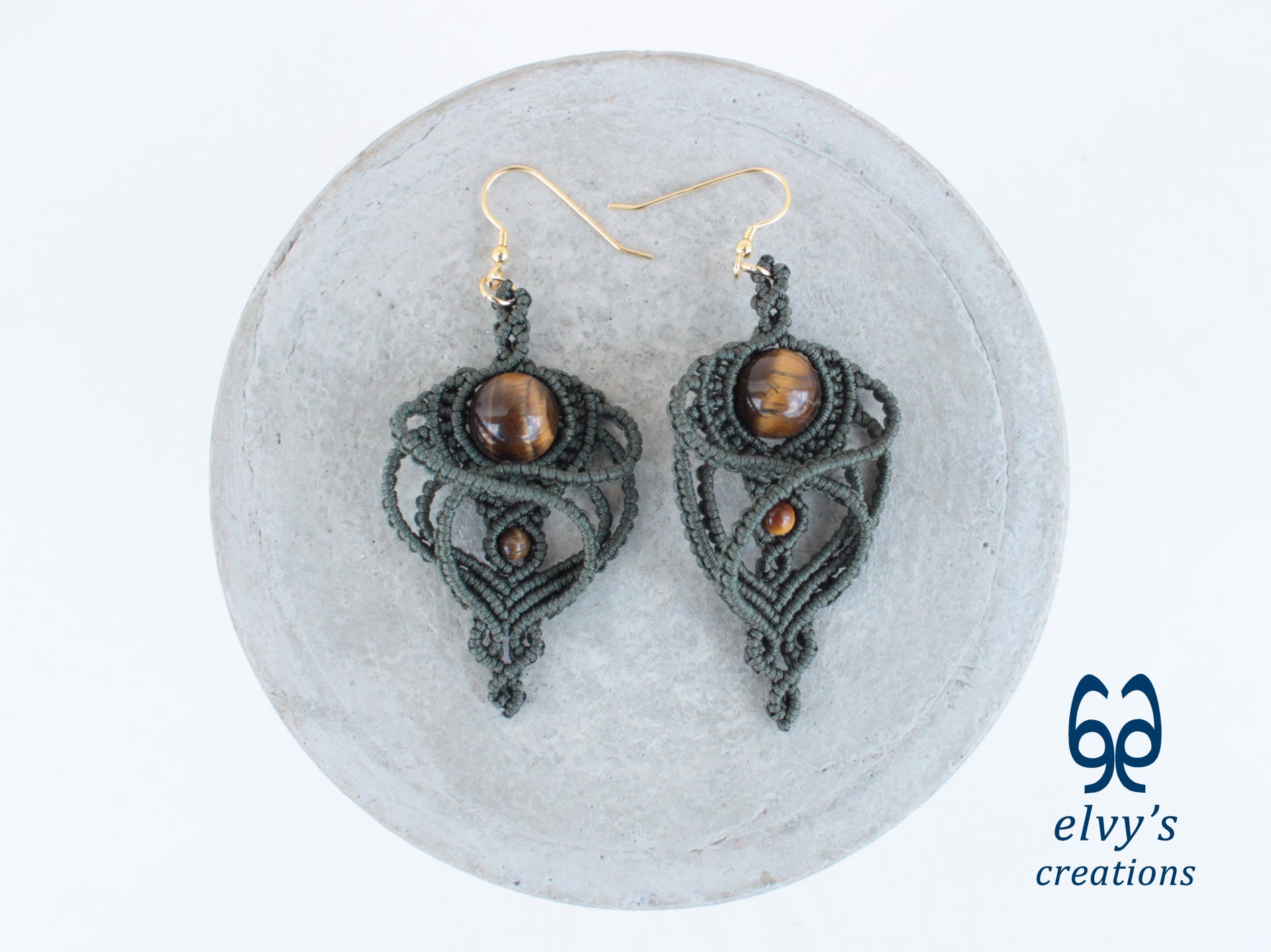 Handmade Macramé Green Earrings with Tiger Eye Gemstones Dangle Earrings