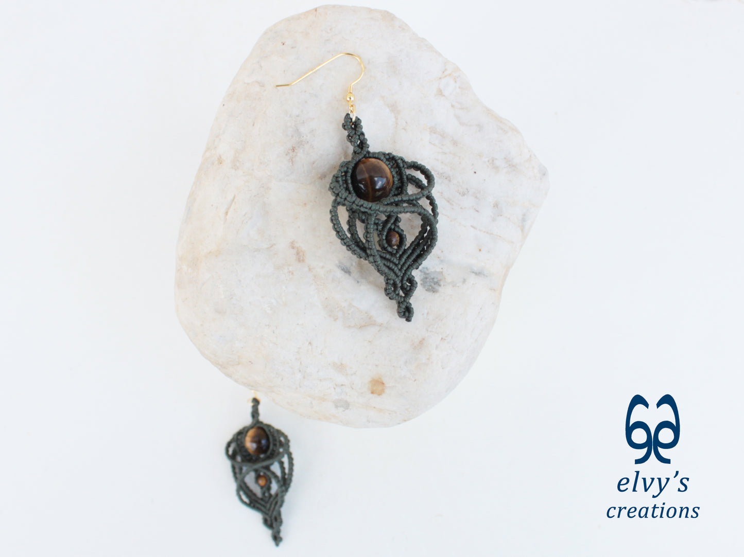 Handmade Macramé Green Earrings with Tiger Eye Gemstones Dangle Earrings