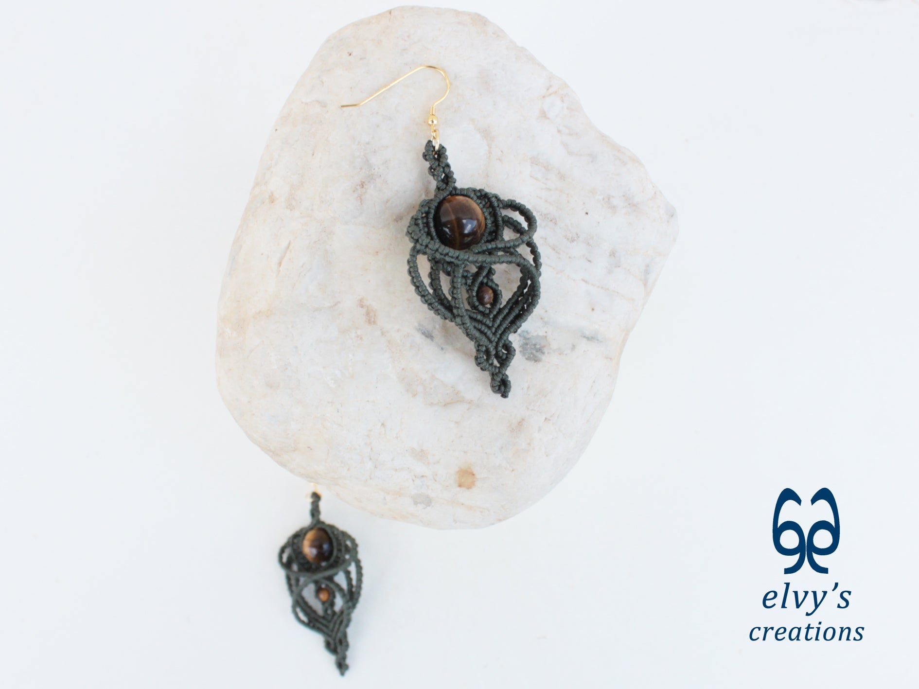 Handmade Macramé Green Earrings with Tiger Eye Gemstones Dangle Earrings