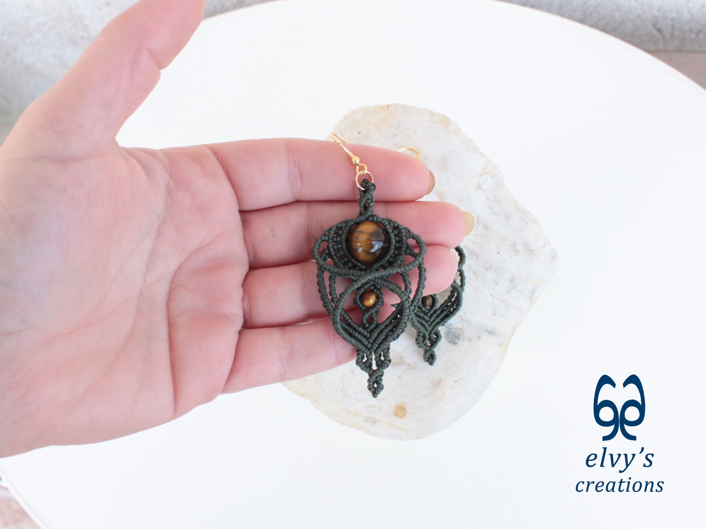 Handmade Macramé Green Earrings with Tiger Eye Gemstones Dangle Earrings