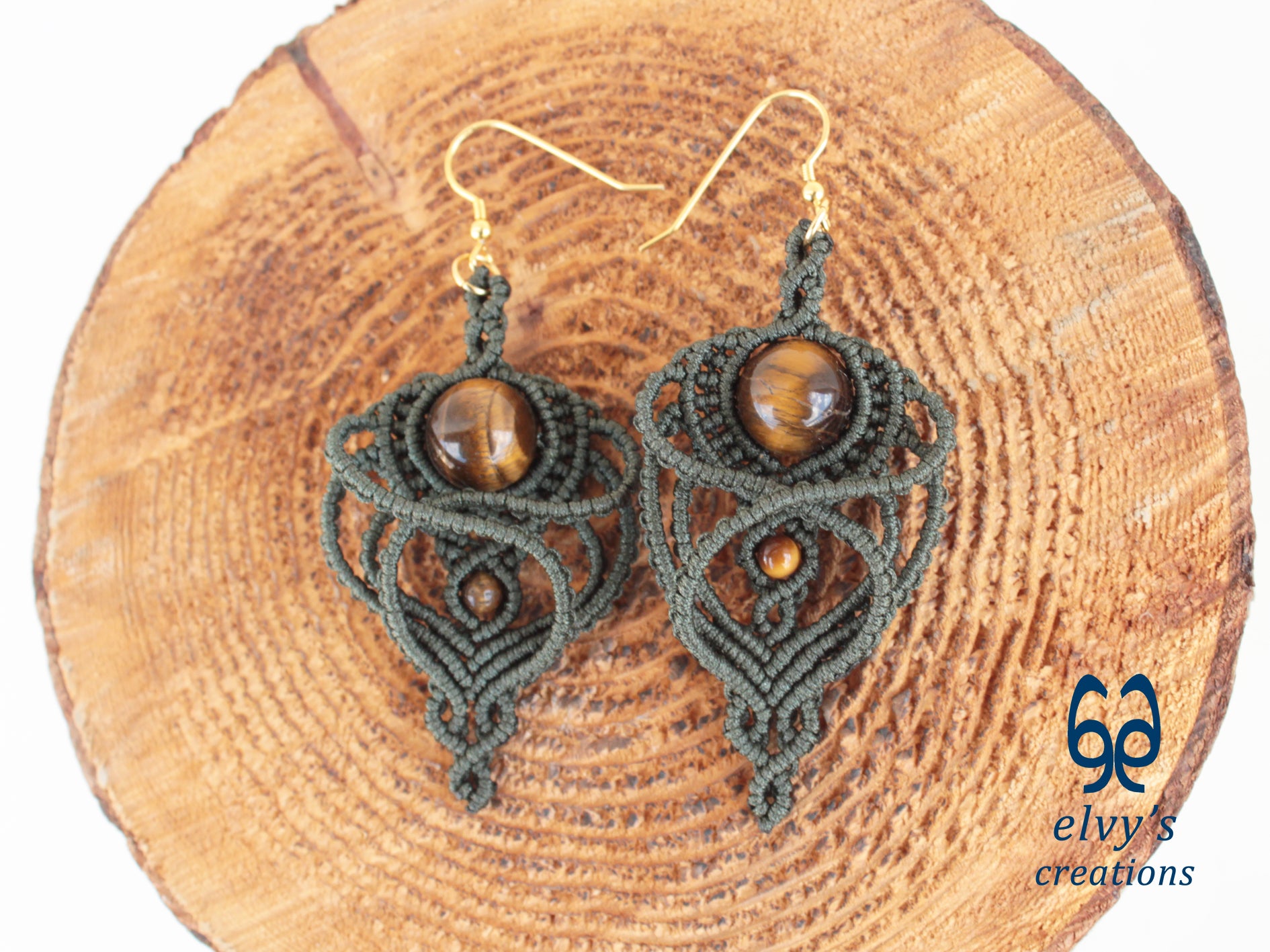 Handmade Macramé Green Earrings with Tiger Eye Gemstones Dangle Earrings