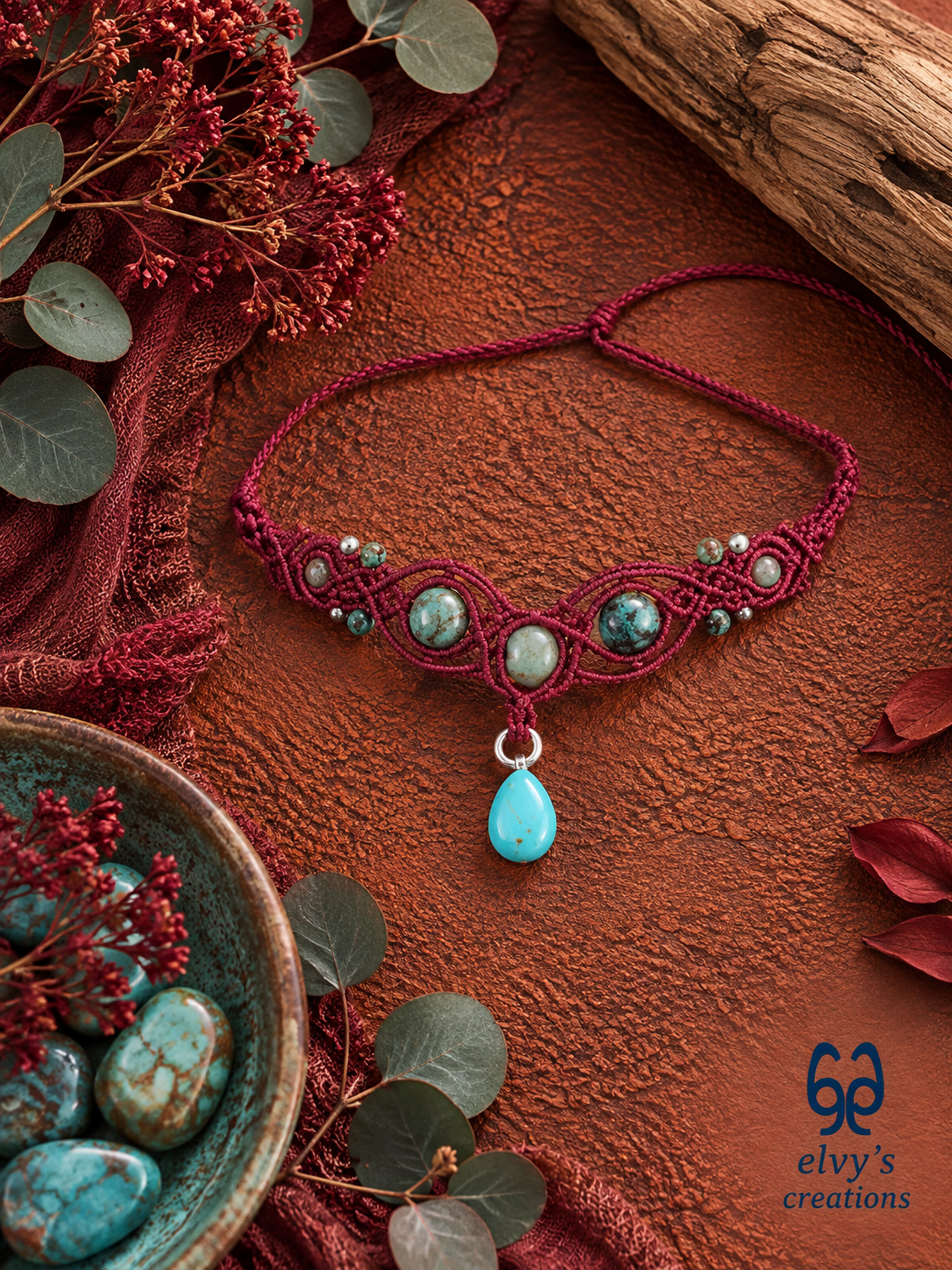 Handmade Dark Red Macrame Necklace with Turquoise Gemstones Adjustable 