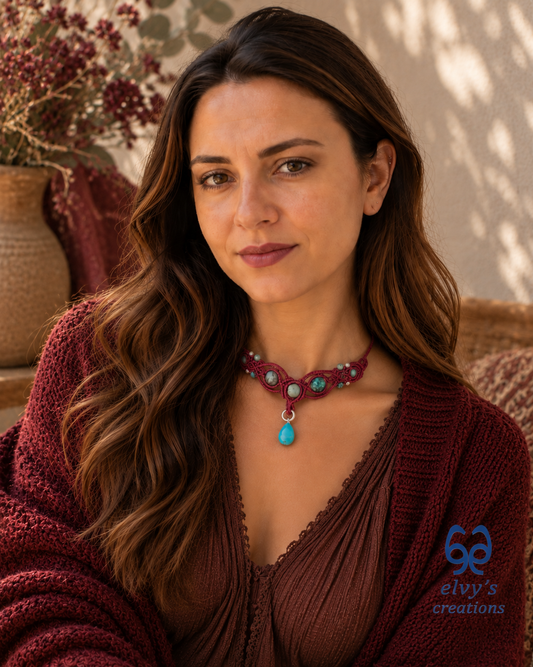 Handmade Dark Red Macrame Necklace with Turquoise Gemstones Adjustable 