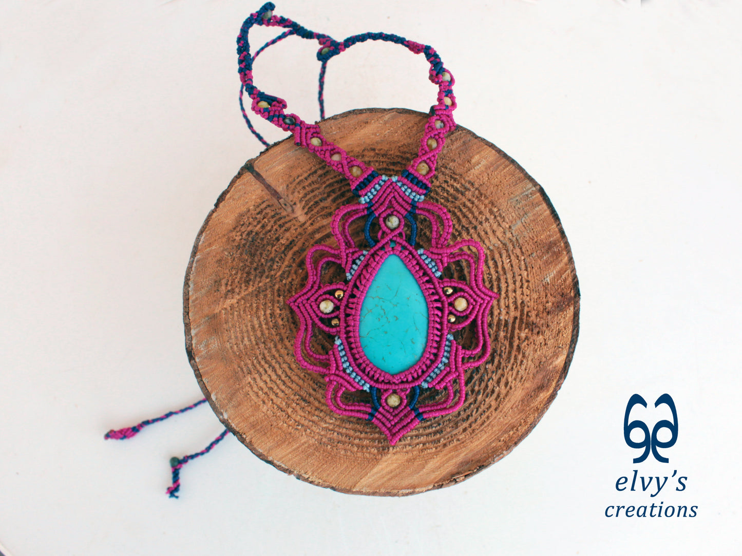 Handmade Pink Macrame Necklace with Turquoise and Agate Gemstones