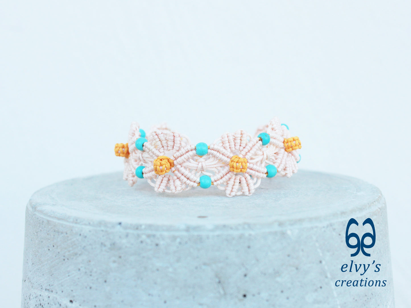 Handmade Beige and Yellow Macrame Bracelet with Turquoise Gemstones Flower Bracelet