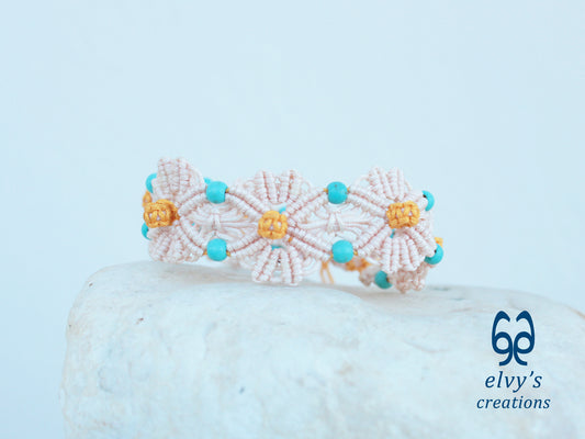 Handmade Beige and Yellow Macrame Bracelet with Turquoise Gemstones Flower Bracelet