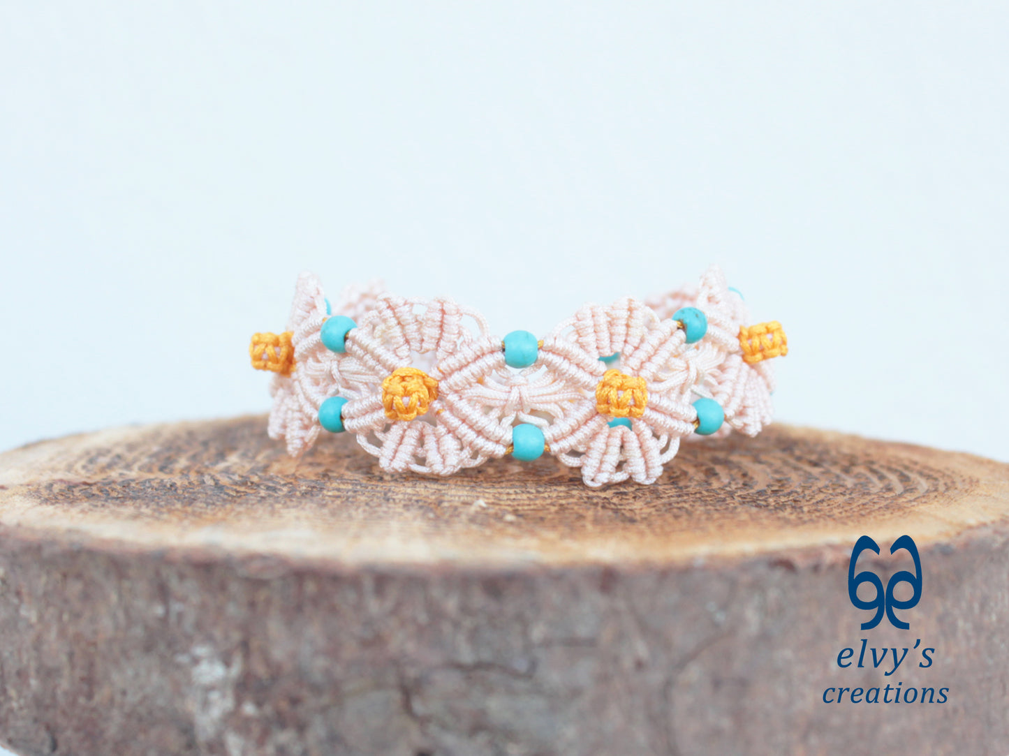 Handmade Beige and Yellow Macrame Bracelet with Turquoise Gemstones Flower Bracelet