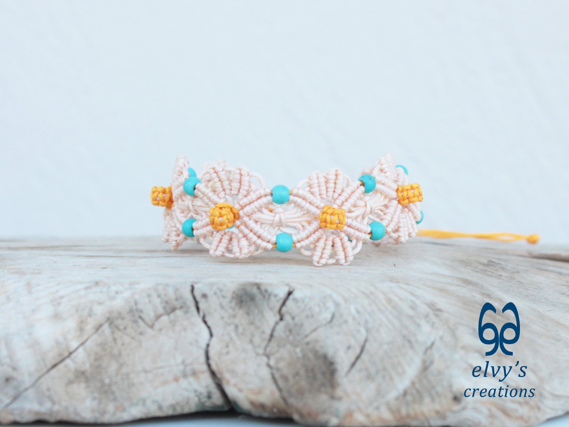 Handmade Beige and Yellow Macrame Bracelet with Turquoise Gemstones Flower Bracelet