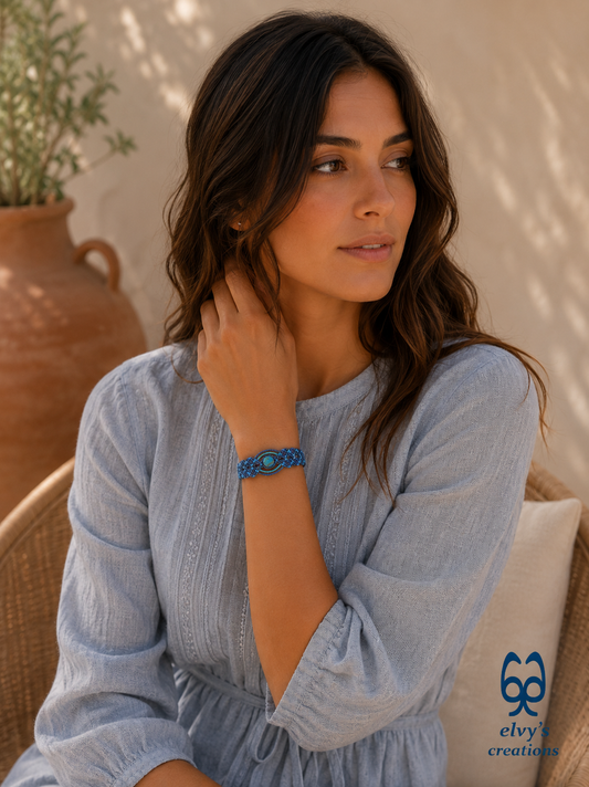 Handmade Blue Macrame Bracelet, Turquoise Gemstones Boho Summer Bracelet