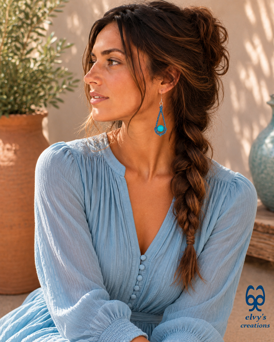 Blue Macrame Earrings Handmade Silver Earrings with Turquoise Gemstones