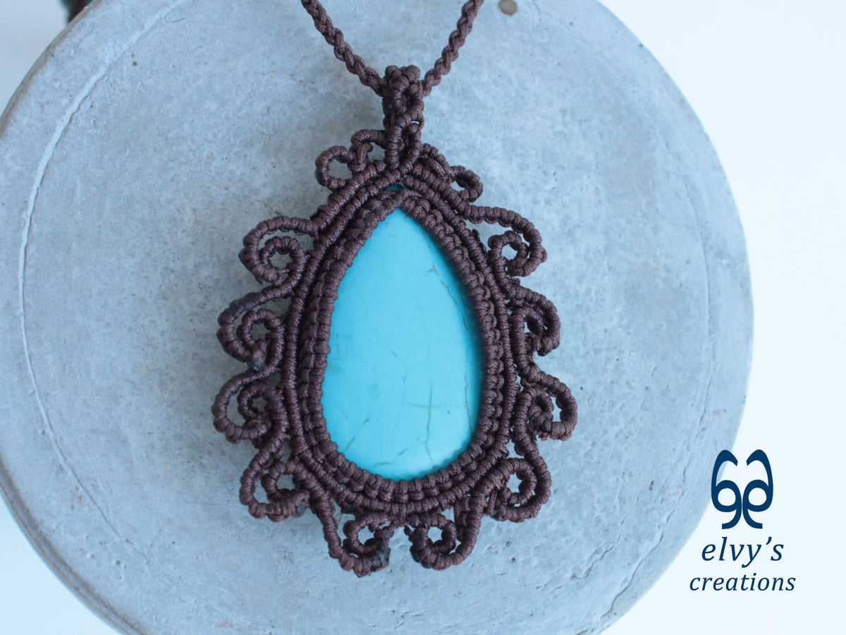 Brown Handmade Macrame Necklace with Turquoise Gemstones