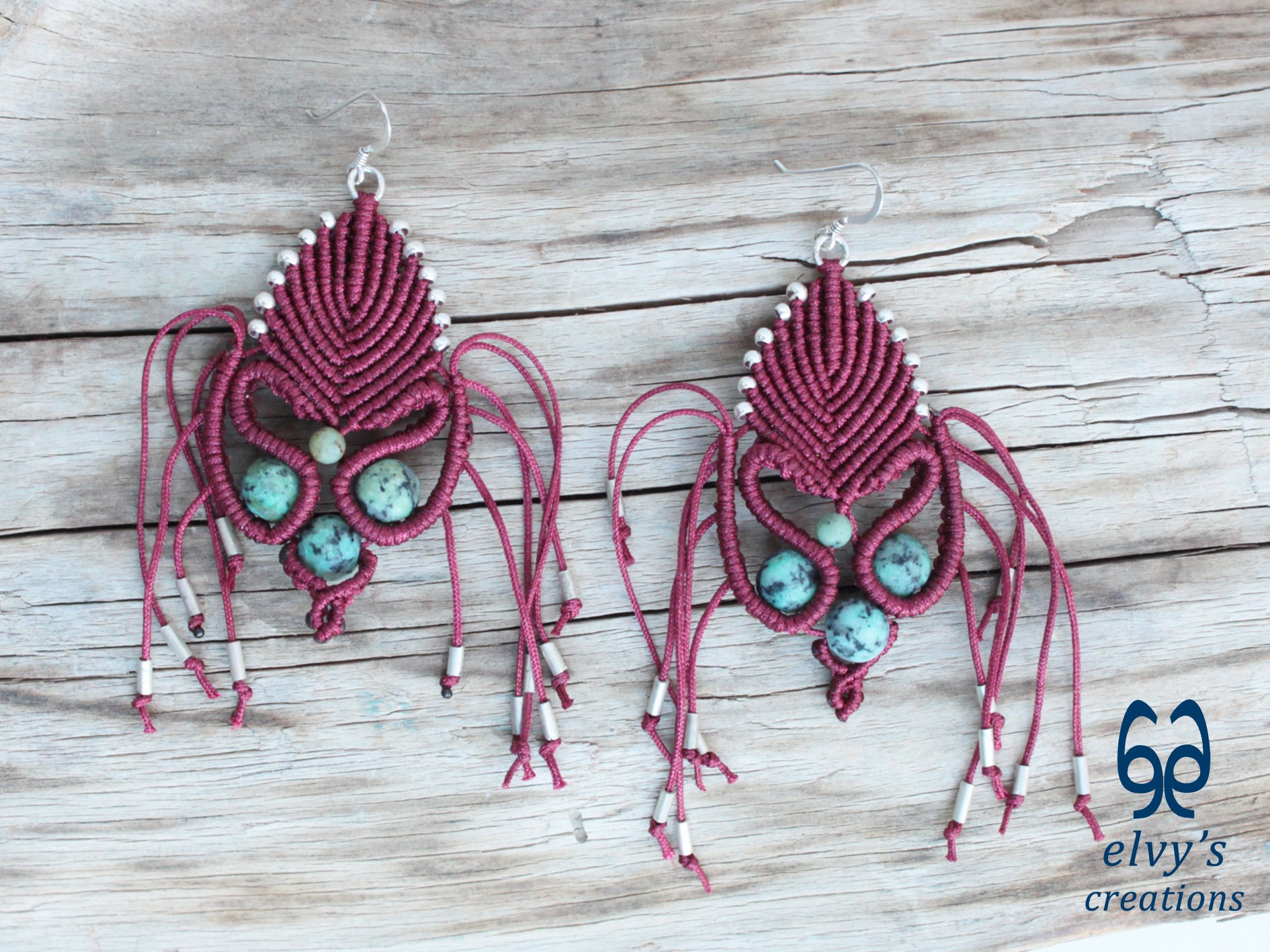 Dark Red Macrame Earrings with Turquoise Gemstones Gold Silver Earrings