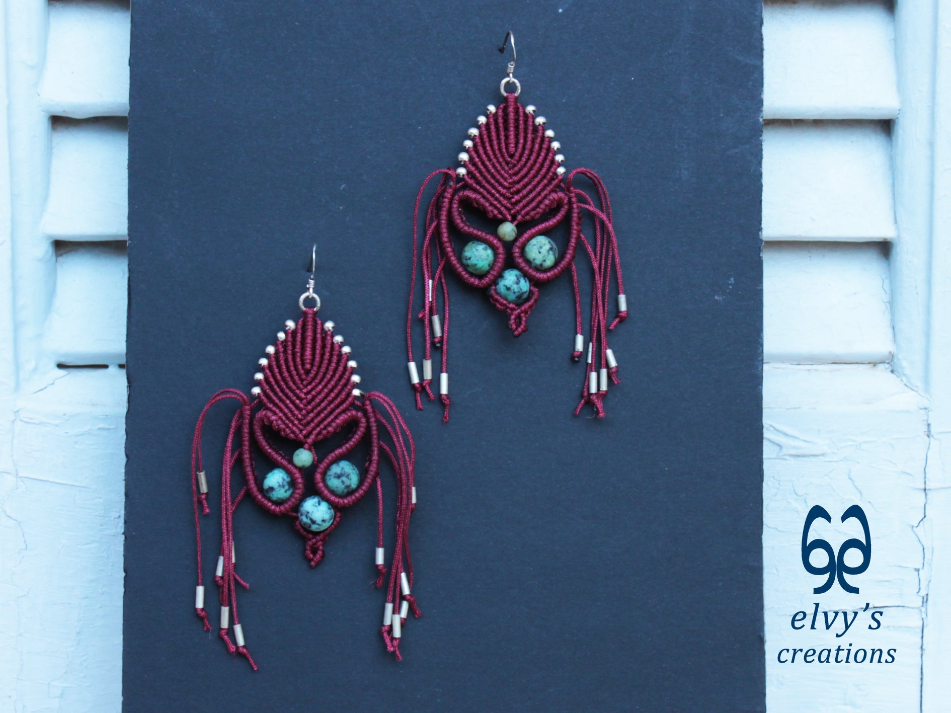 Dark Red Macrame Earrings with Turquoise Gemstones Gold Silver Earrings