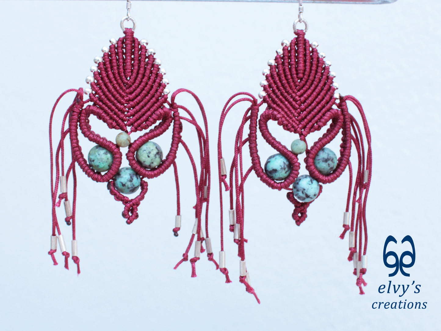 Dark Red Macrame Earrings with Turquoise Gemstones Gold Silver Earrings