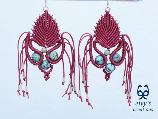 Dark Red Macrame Earrings with Turquoise Gemstones Gold Silver Earrings