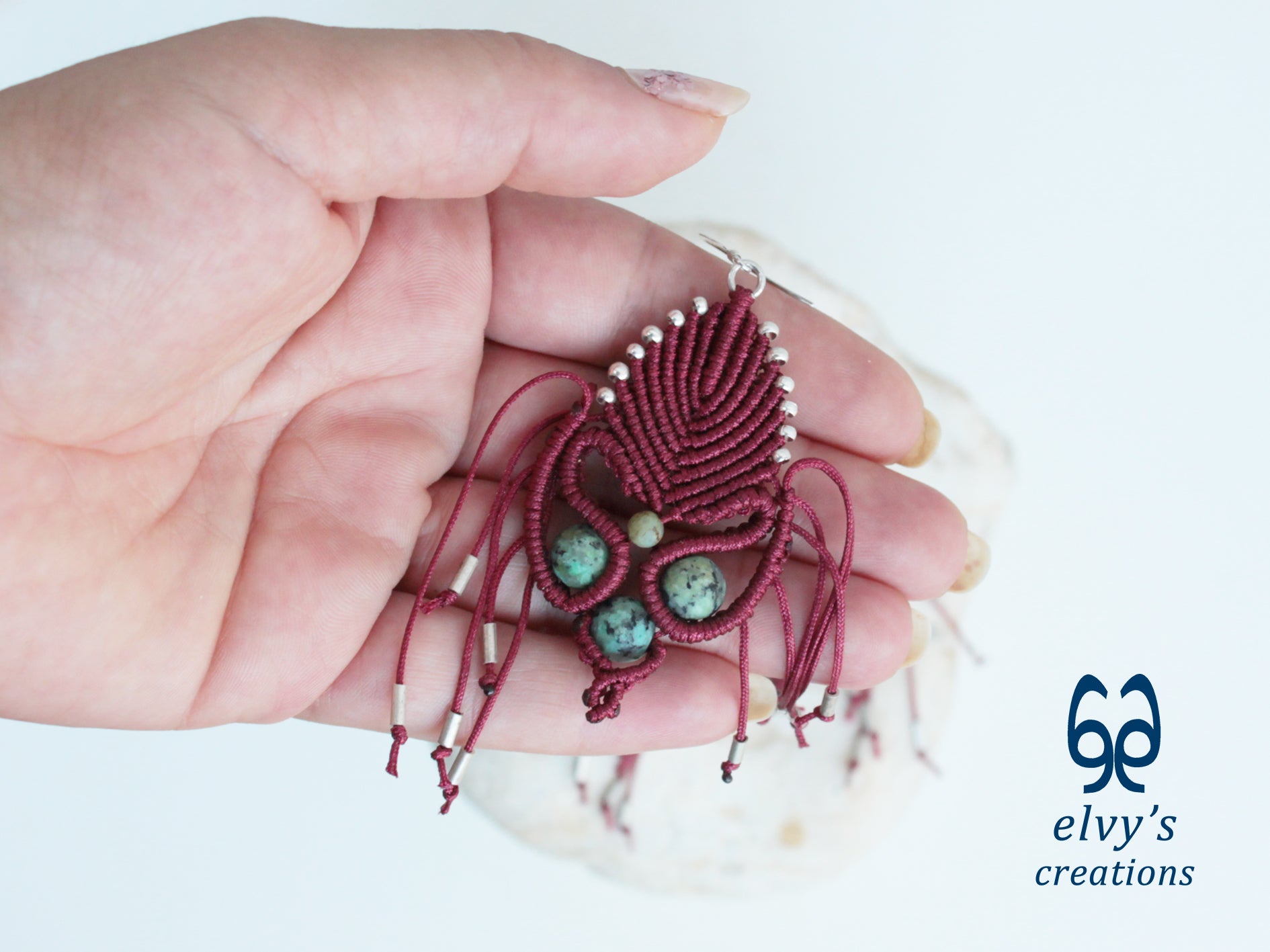 Dark Red Macrame Earrings with Turquoise Gemstones Gold Silver Earrings