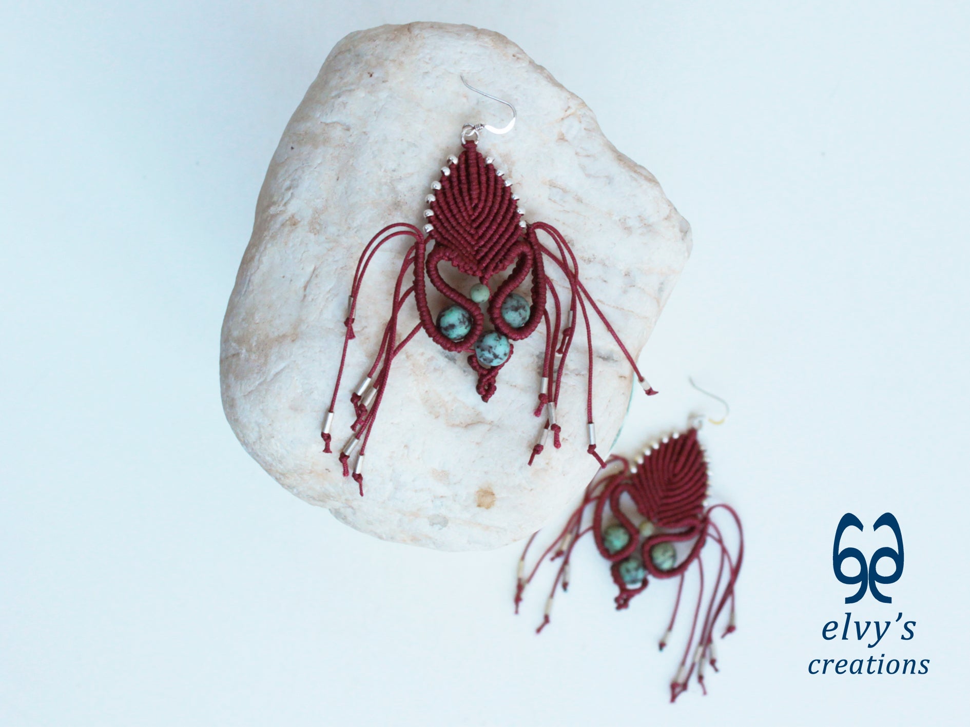 Dark Red Macrame Earrings with Turquoise Gemstones Gold Silver Earrings