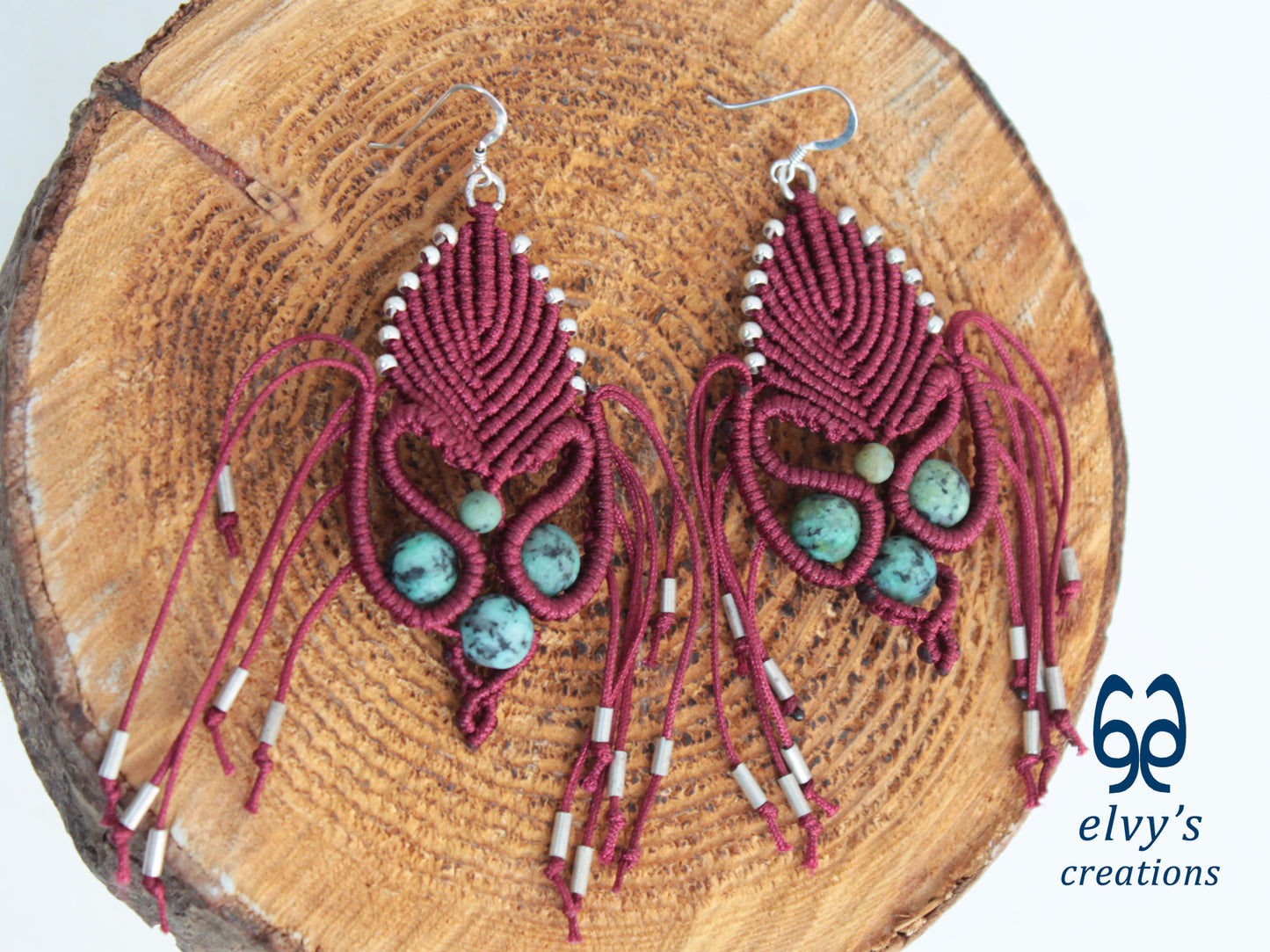 Dark Red Macrame Earrings with Turquoise Gemstones Gold Silver Earrings