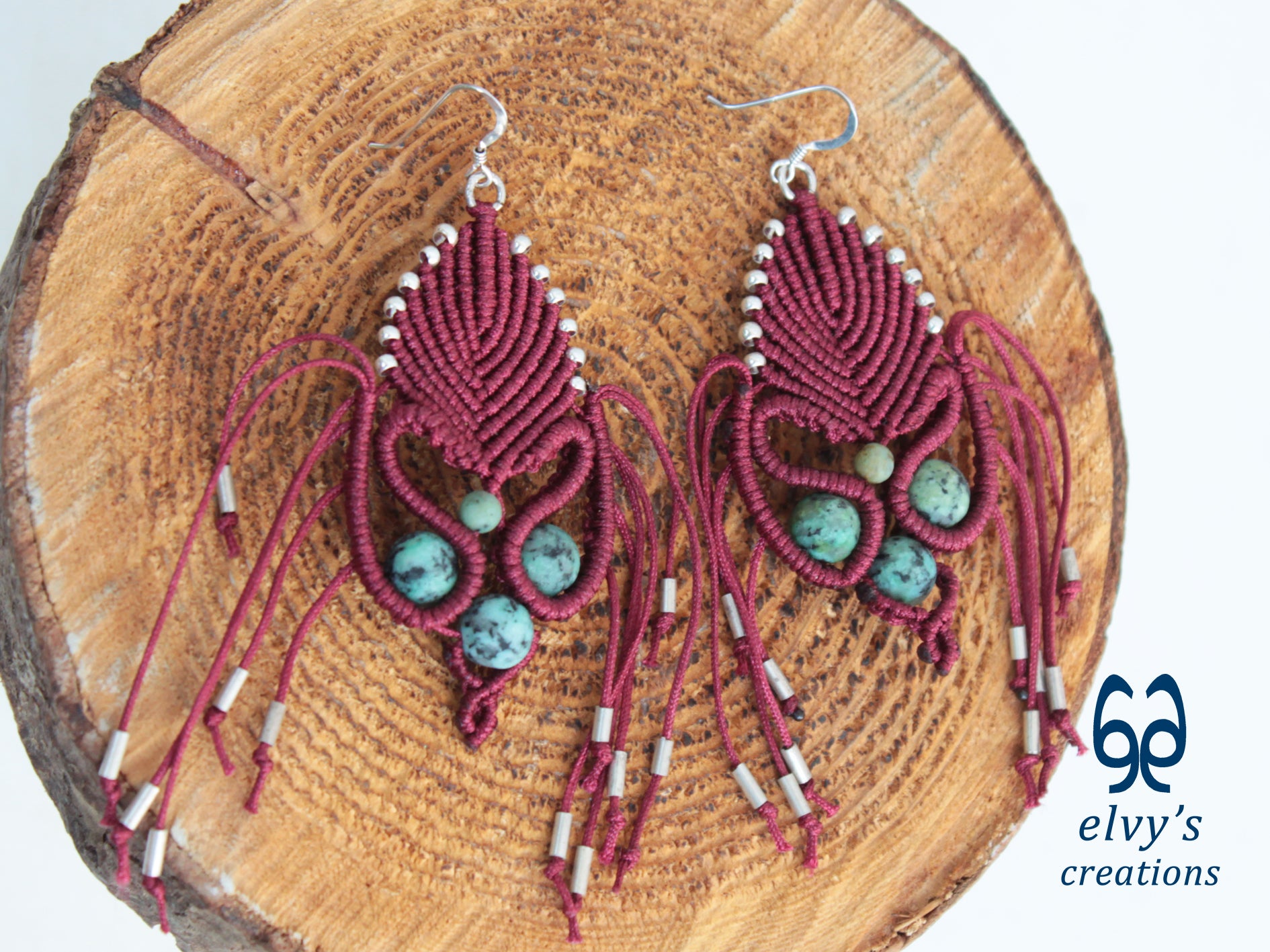 Dark Red Macrame Earrings with Turquoise Gemstones Gold Silver Earrings