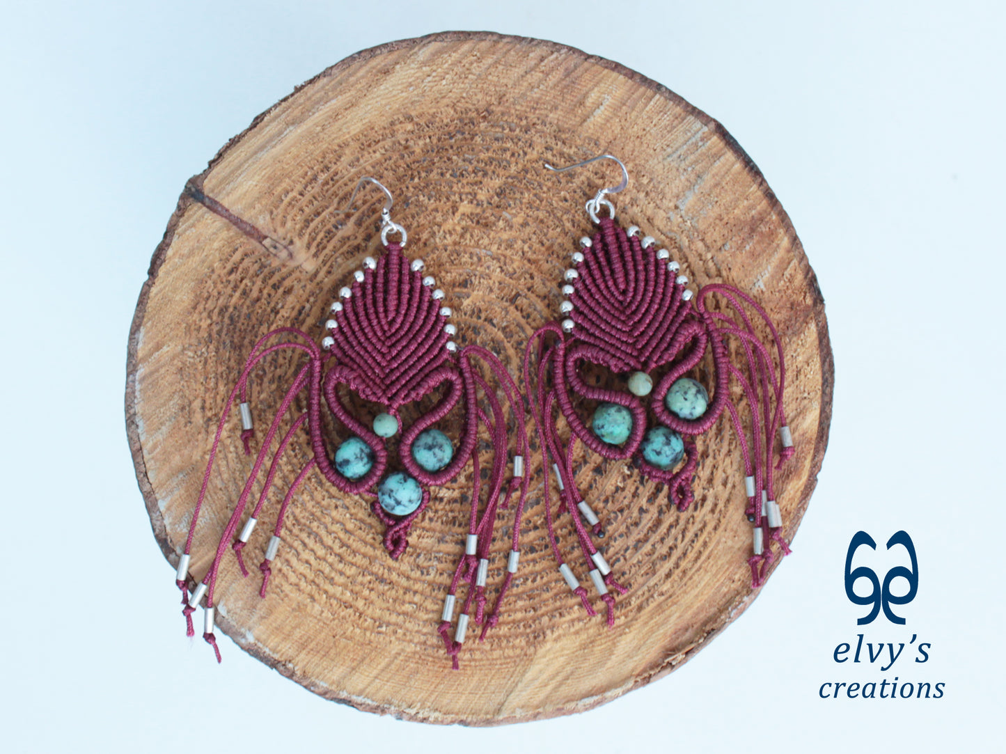 Dark Red Macrame Earrings with Turquoise Gemstones Gold Silver Earrings