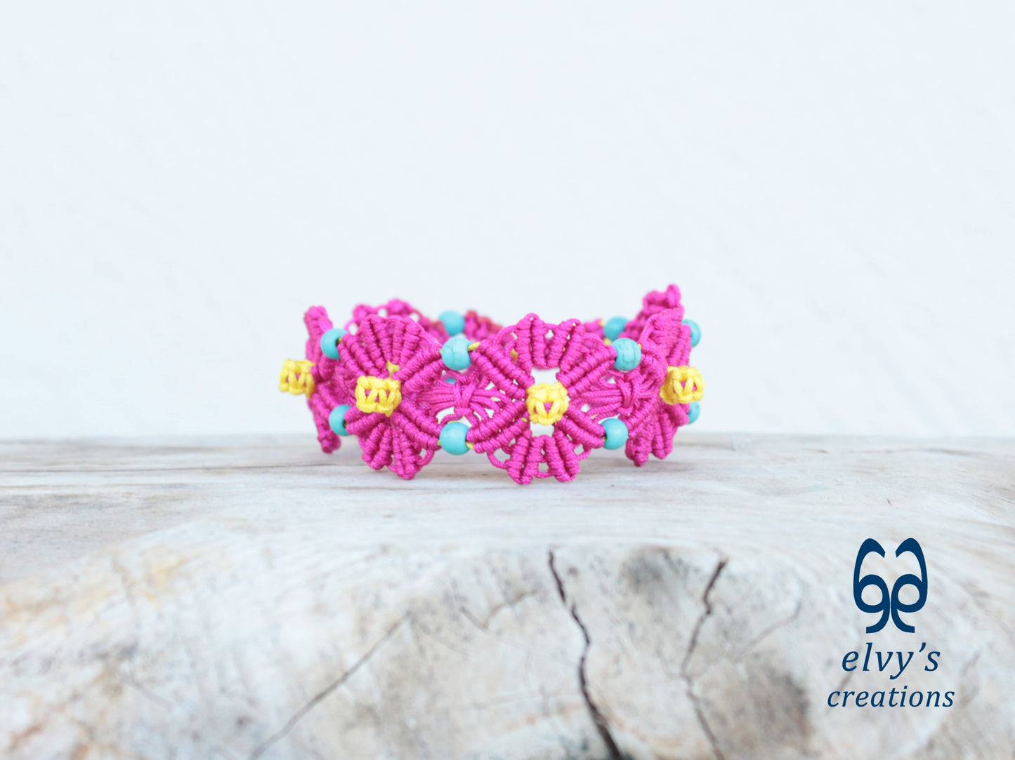 Handmade Pink Macrame Bracelet with Turquoise Gemstones