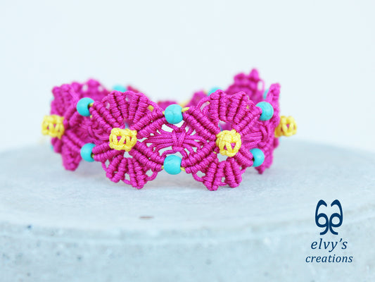 Handmade Pink Macrame Bracelet with Turquoise Gemstones