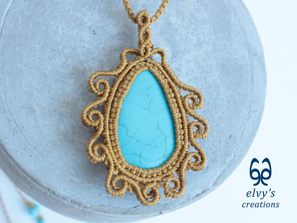 Handmade Gold Macrame Necklace with Turquoise Gemstones