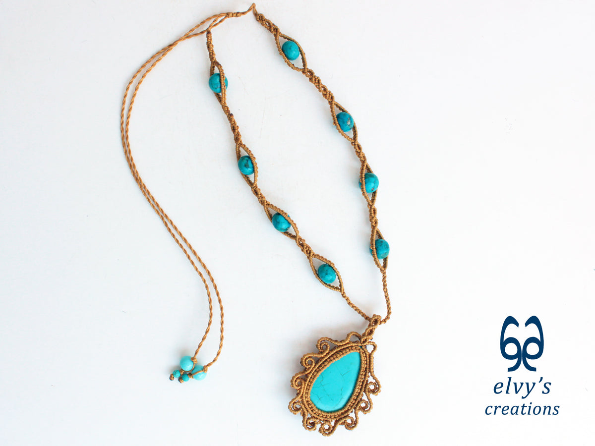 Handmade Gold Macrame Necklace with Turquoise Gemstones