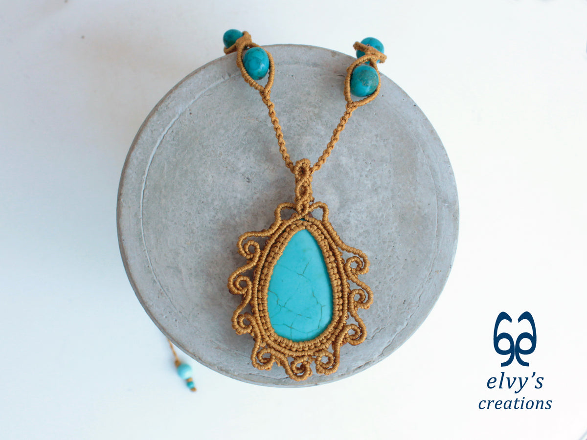 Handmade Gold Macrame Necklace with Turquoise Gemstones