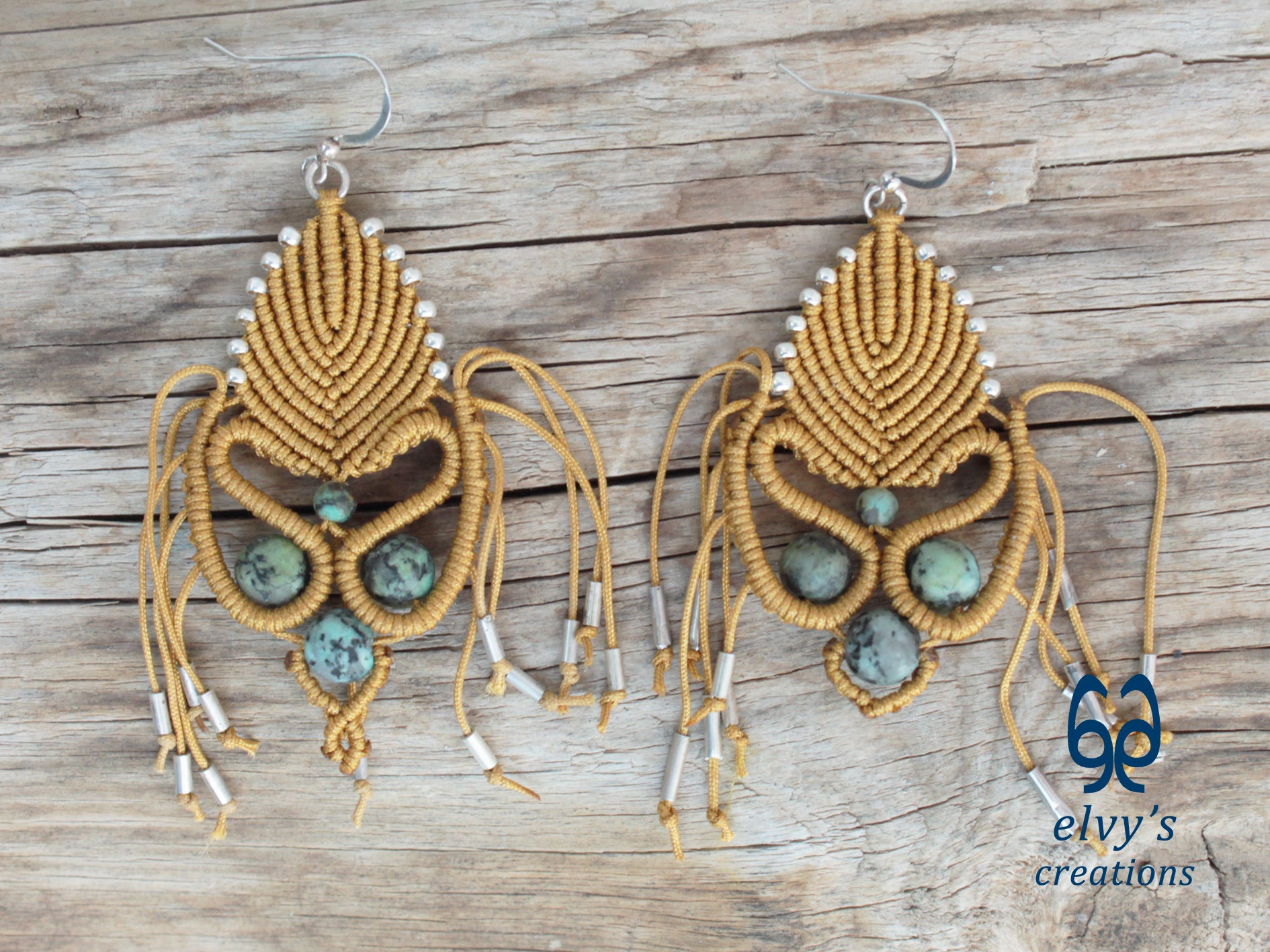 Golden Macrame Earrings with Turquoise Gemstones Gold Silver Earrings