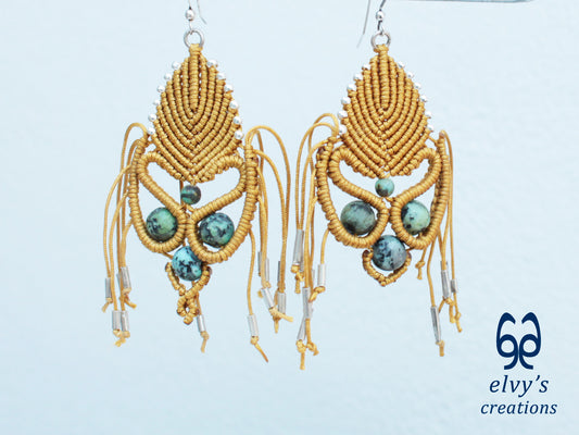 Golden Macrame Earrings with Turquoise Gemstones Gold Silver Earrings