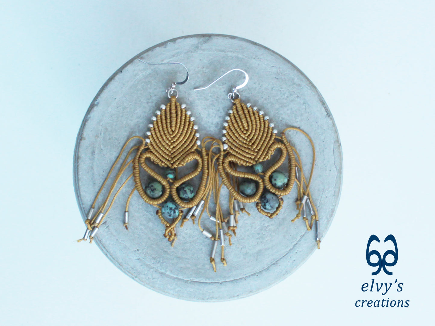 Golden Macrame Earrings with Turquoise Gemstones Gold Silver Earrings