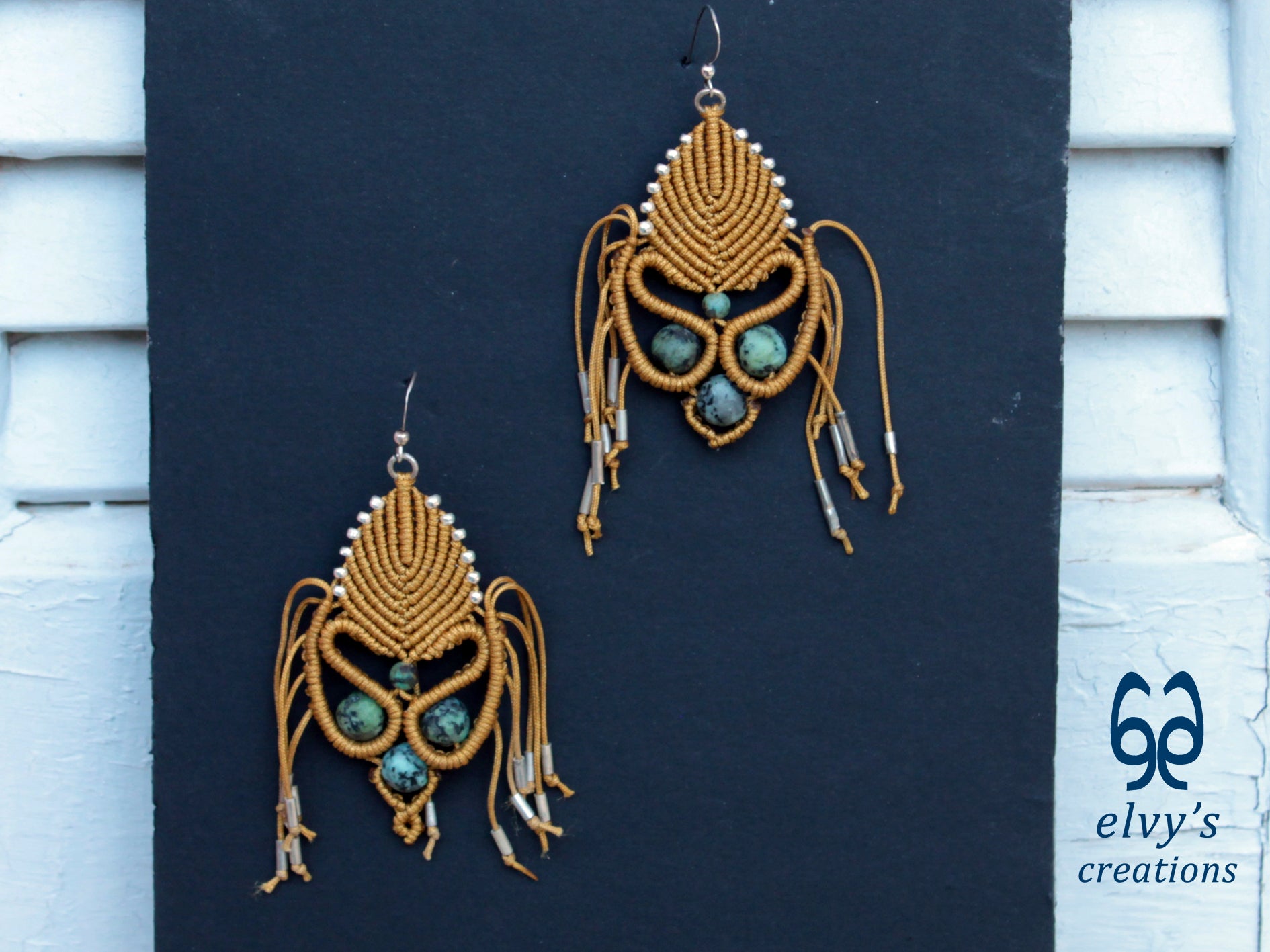 Golden Macrame Earrings with Turquoise Gemstones Gold Silver Earrings