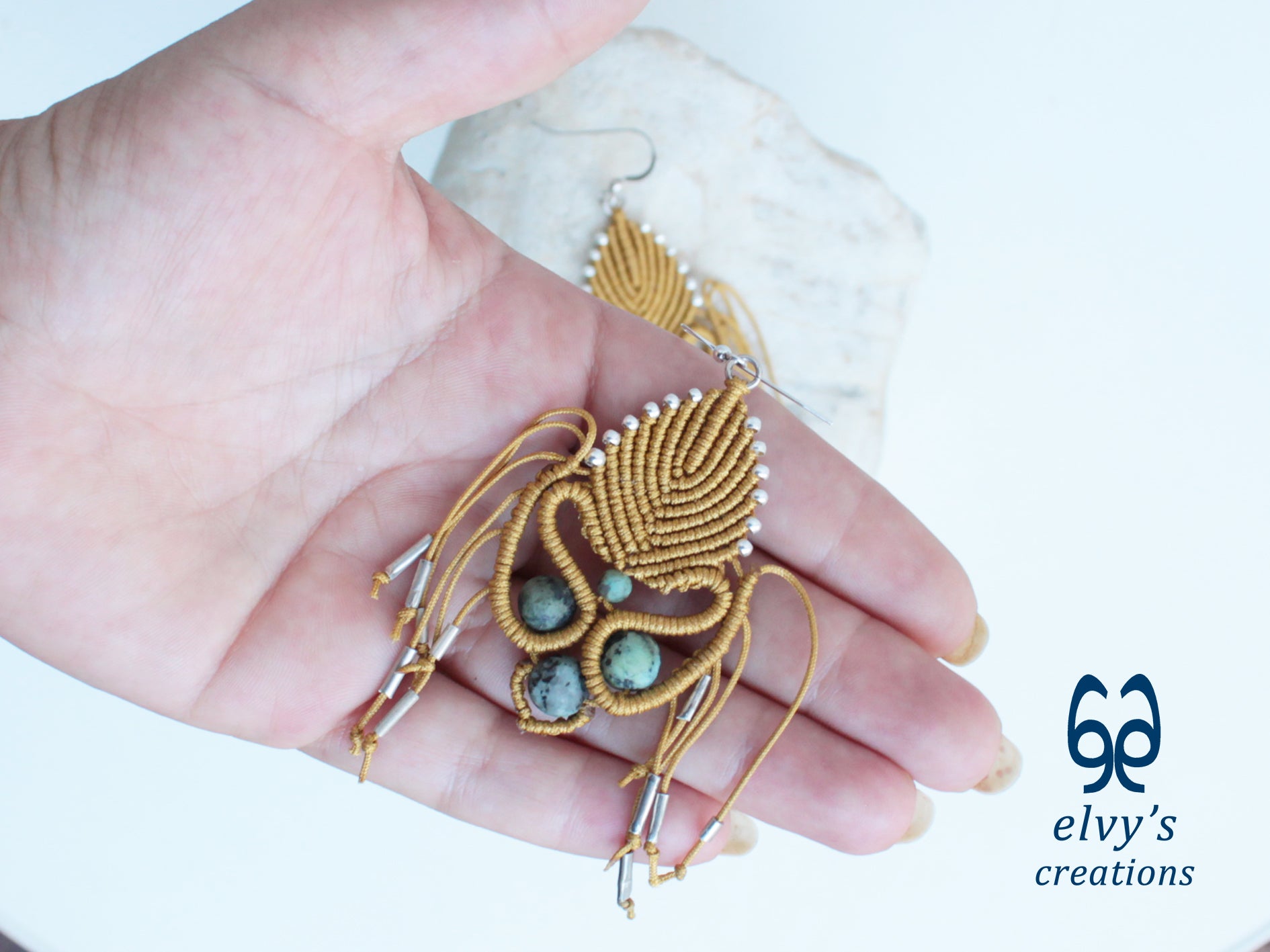 Golden Macrame Earrings with Turquoise Gemstones Gold Silver Earrings
