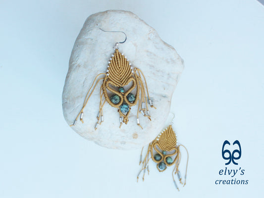 Golden Macrame Earrings with Turquoise Gemstones Gold Silver Earrings
