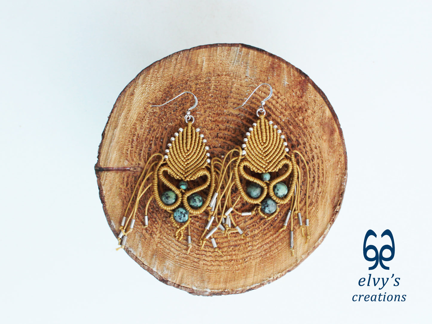 Golden Macrame Earrings with Turquoise Gemstones Gold Silver Earrings