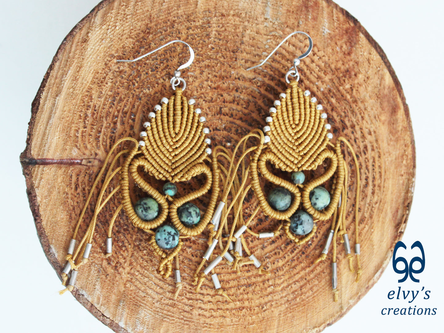 Golden Macrame Earrings with Turquoise Gemstones Gold Silver Earrings