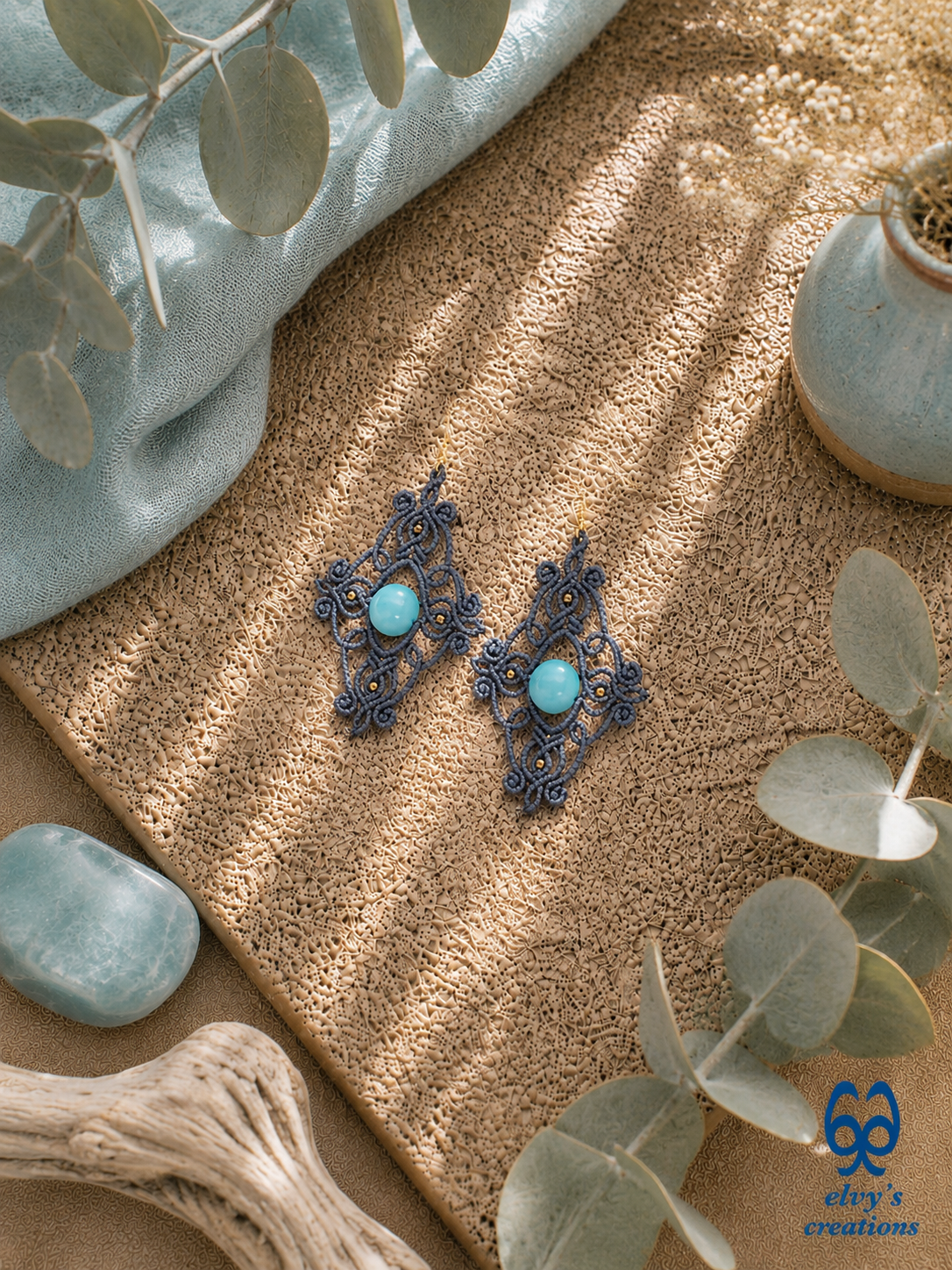 Grey Macrame Earrings with Turquoise Gemstones Dangle Gold Hematite Earrings
