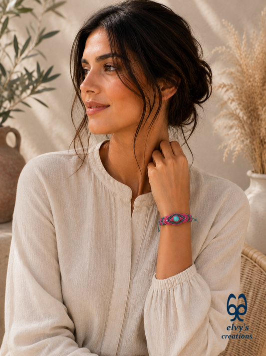Handmade Pink Macrame Bracelet, Turquoise Gemstones Boho Summer Bracelet