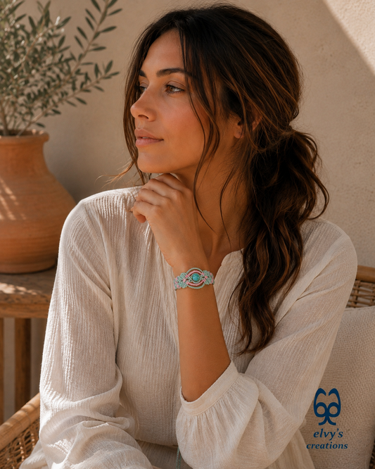 Handmade Green Macrame Bracelet, Turquoise Gemstones Boho Summer Bracelet