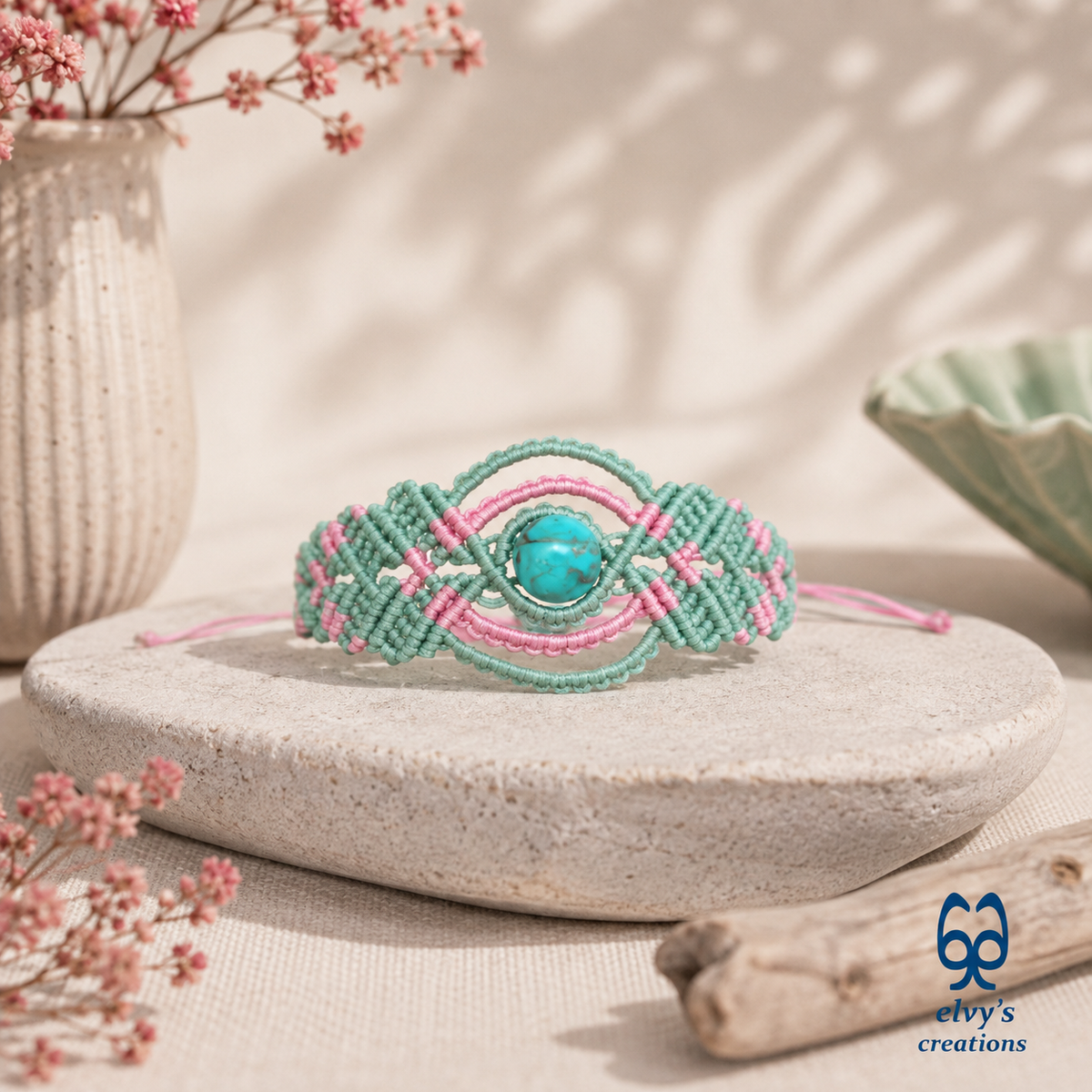 Handmade Green Macrame Bracelet, Turquoise Gemstones Boho Summer Bracelet