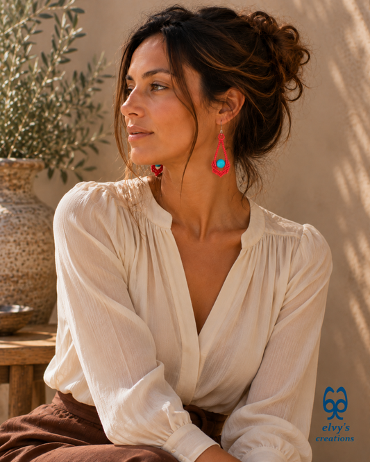 Orange Macrame Earrings Handmade Silver Earrings with Turquoise Gemstones