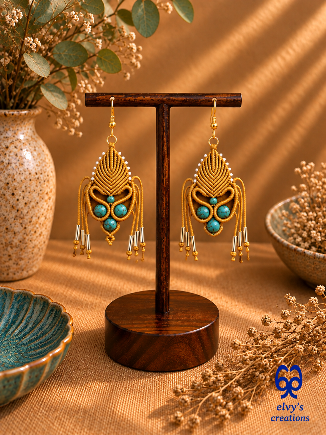 Golden Macrame Earrings with Turquoise Gemstones Gold Silver Earrings