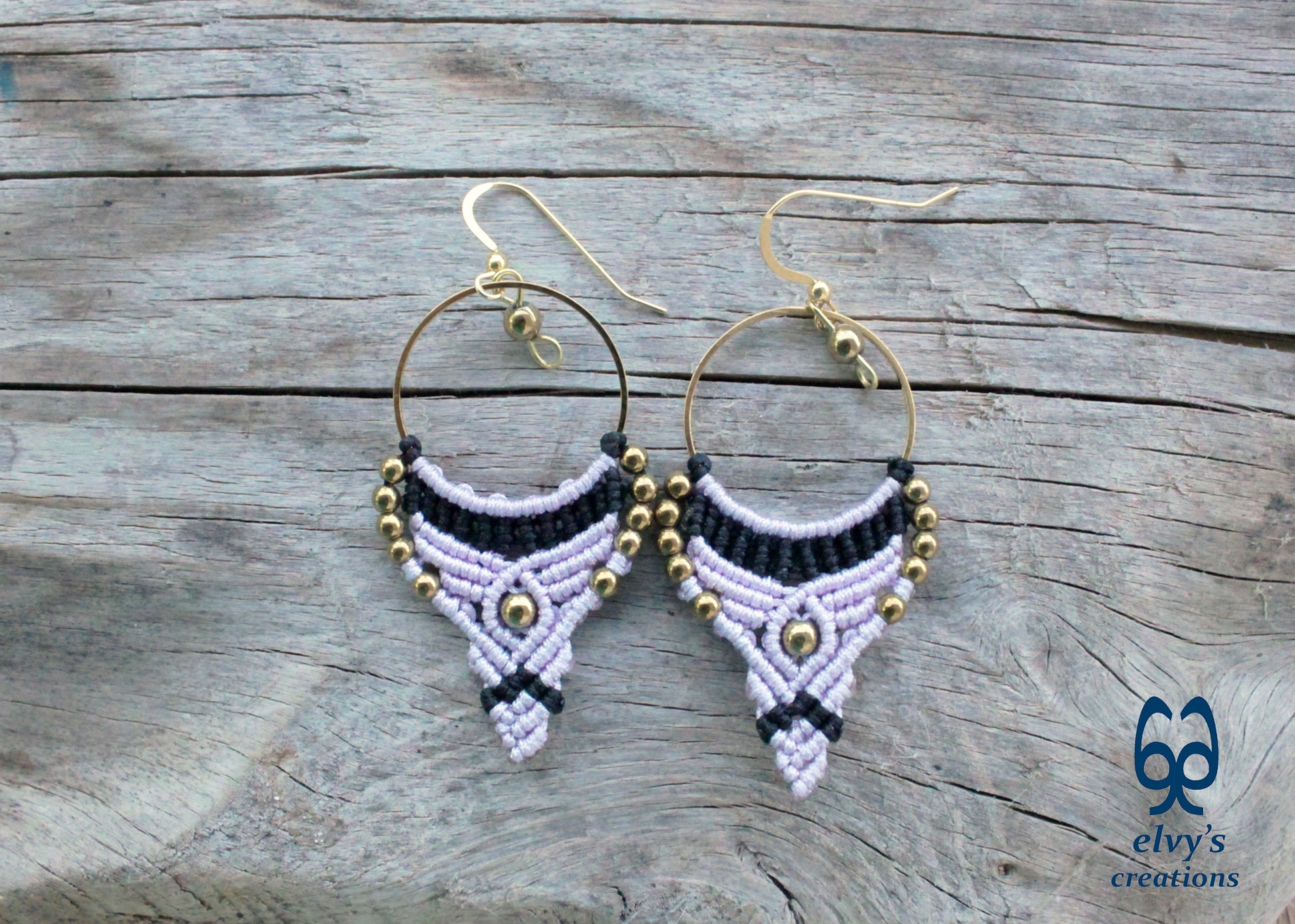 Purple and Black Macrame Earrings Gold Hematite Gemstones Hoop Earrings