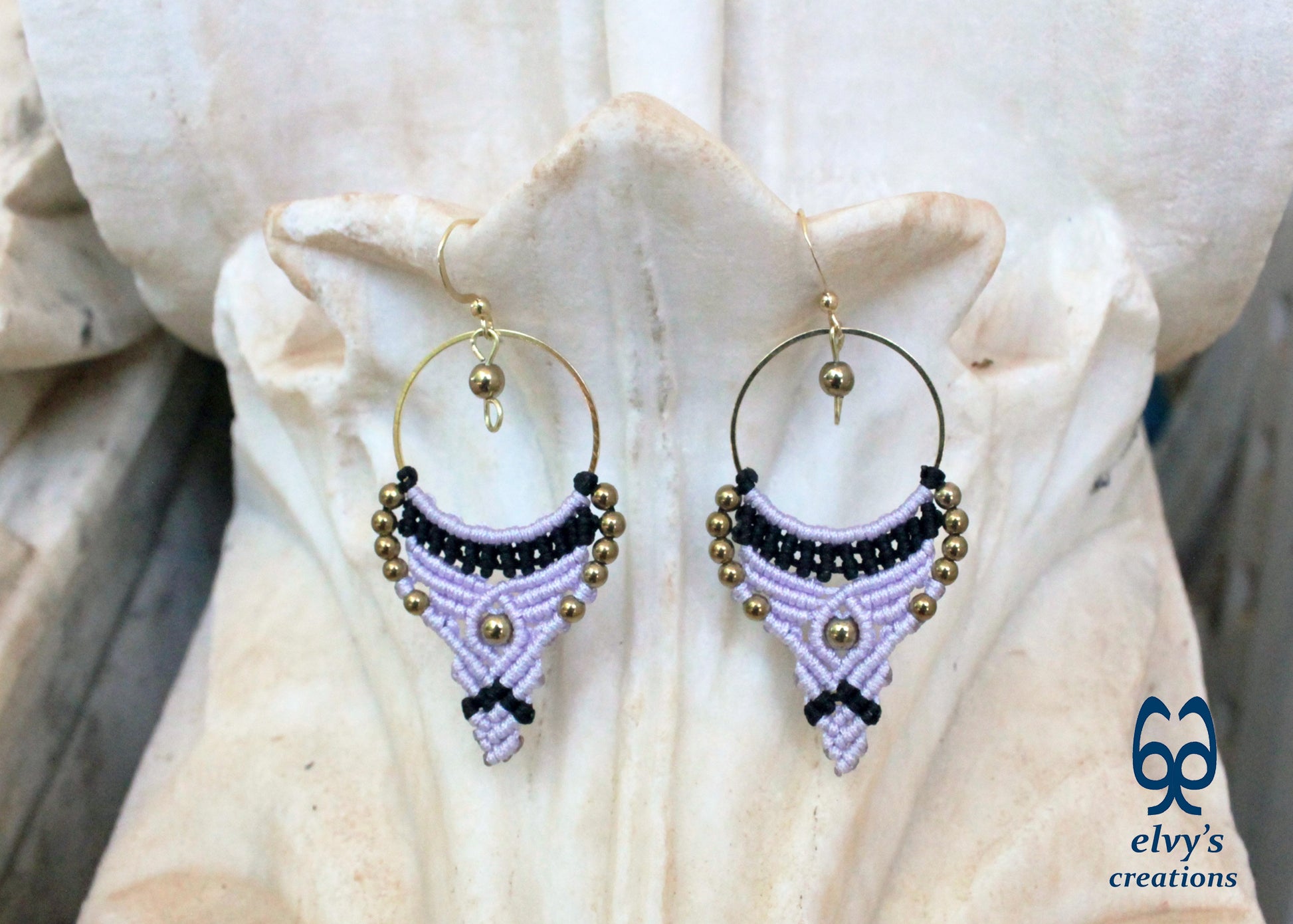 Purple and Black Macrame Earrings Gold Hematite Gemstones Hoop Earrings