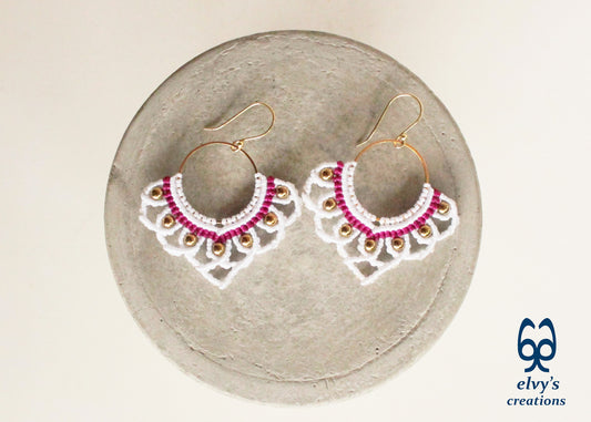 White Macrame Earrings with Hematite Gemstones Lotus Gold Hoop Earrings