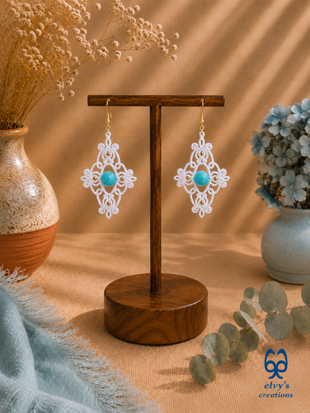 White Macrame Earrings with Turquoise Gemstones Dangle Gold Hematite Earrings