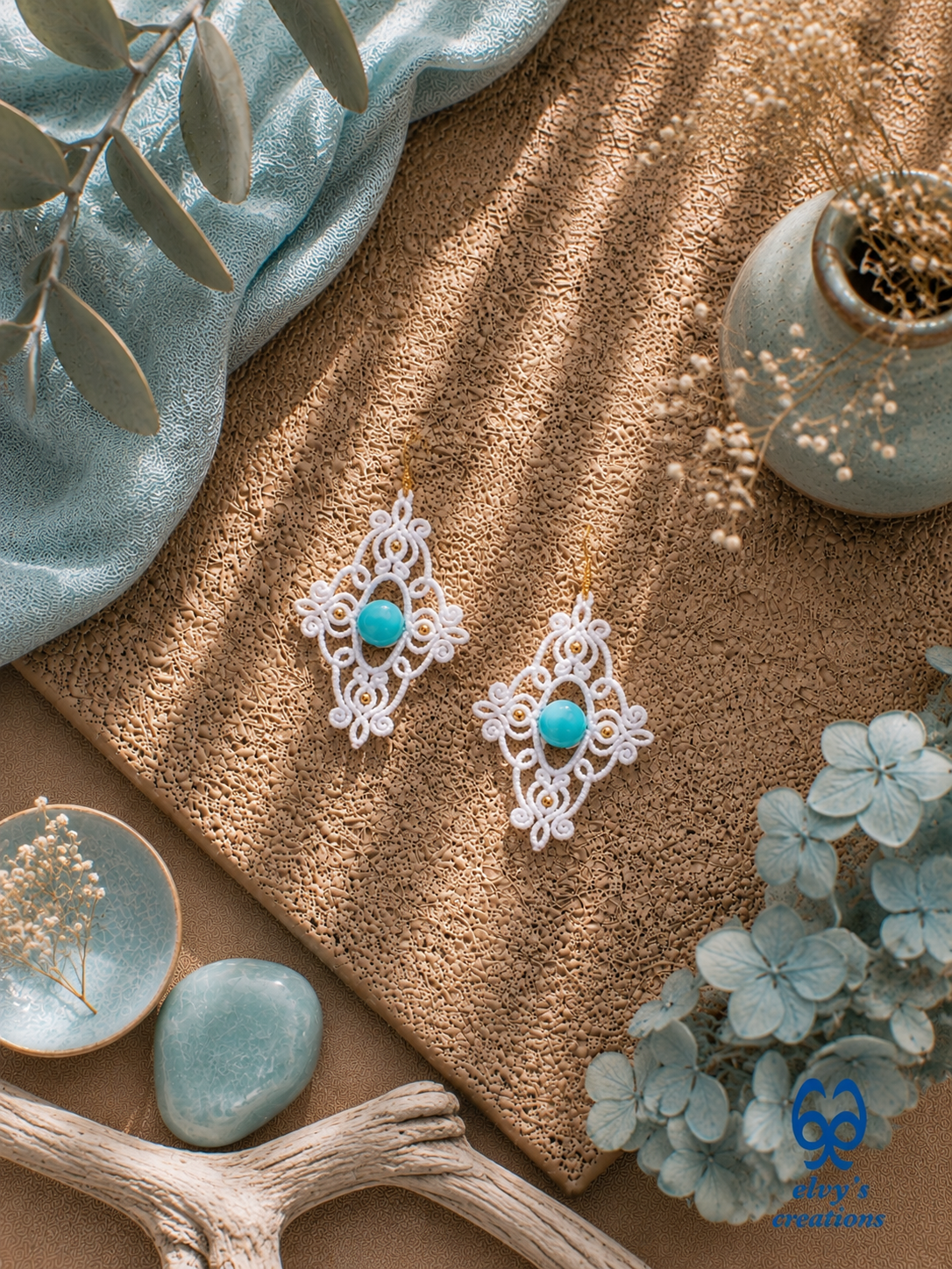 White Macrame Earrings with Turquoise Gemstones Dangle Gold Hematite Earrings